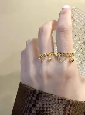 ins风时尚链条黄金指环999金色戒指女 24K镀金尾戒可调节活口手饰
