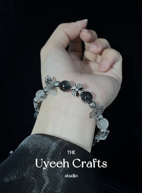 【幻灵】潮酷暗黑风小众手链天然黑发晶闪灵钻十字架原创设计韩版