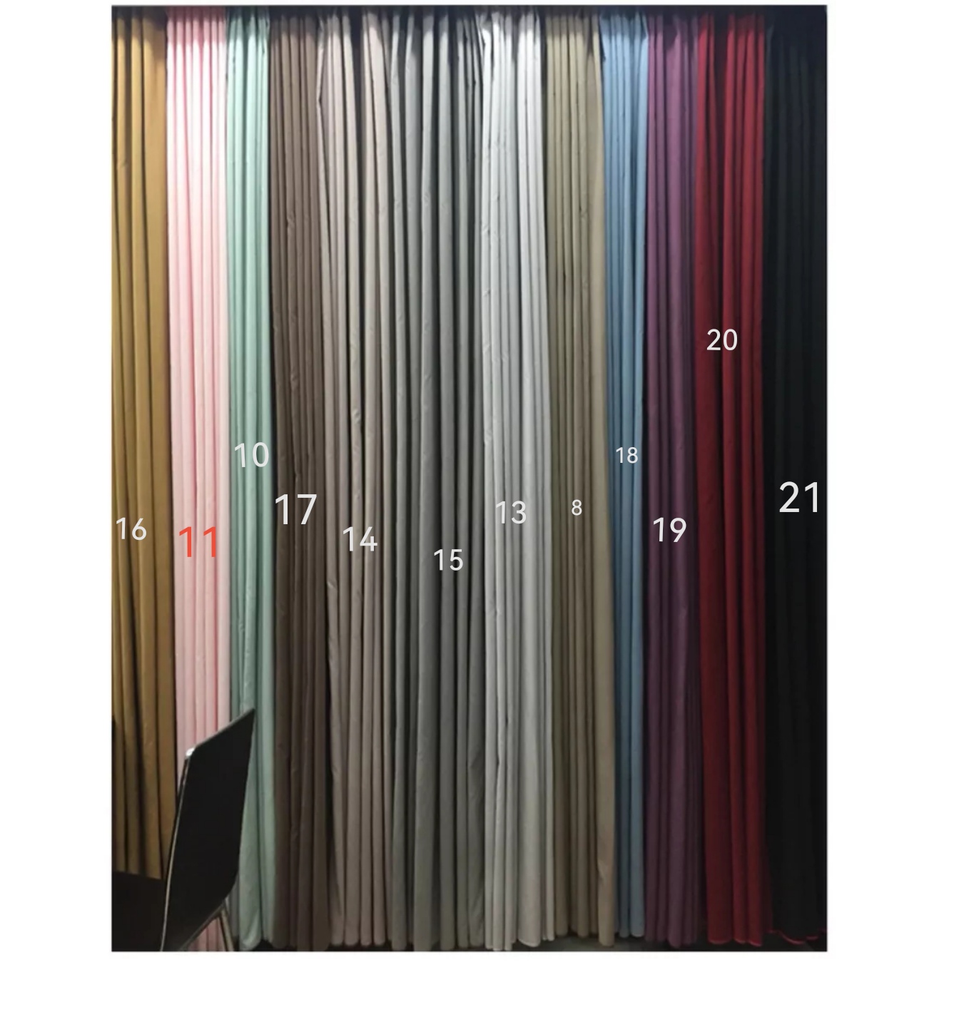 Sample fabrics for various balcony half-shade curtains