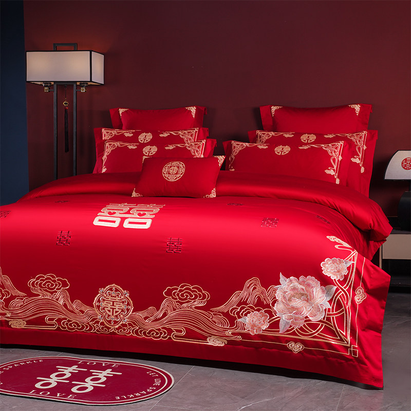 高档中式婚礼纯棉四件套大红色刺绣婚庆床品新婚夫妇红色婚庆用品,淘宝优惠券,粉丝福利购,淘宝优惠卷