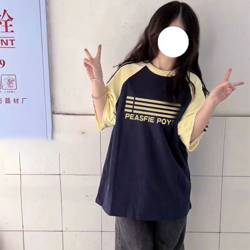 100%纯棉夏季新款拼接设计短袖t恤女宽松学院风三条杠半袖体恤衫