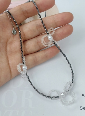 黑色仿水晶串珠颈链甜酷芭蕾风项链甜美少女米珠白色蝴蝶结锁骨链