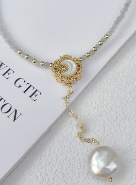 天然石灰晶小珠子锁骨链贝壳月亮项链复古国风镂空雕花新中式颈链