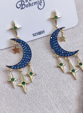 星星月亮耳环蓝色锆石个性甜酷暗黑系耳钉小众设计感辣妹独特耳饰