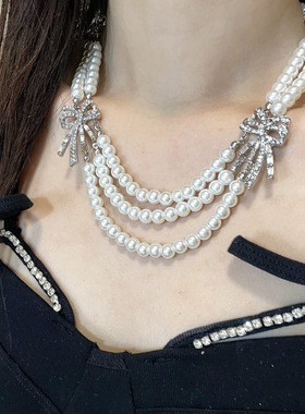 Willa｜复古vintage多层珍珠蝴蝶结项链小众气质高级感锁骨链项链