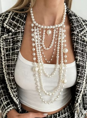 Willa｜新款法式多层长款仿珍珠项链小众复古十字架串珠项链轻奢