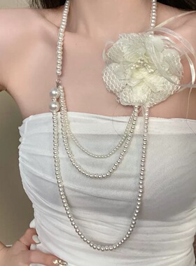Willa｜Y2K古早氛围感花朵仿珍珠项链蕾丝长款串珠叠戴亚文化项链