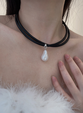 Willa｜东大门原版巨大颗珍珠双层皮绳锁骨链choker轻奢复古项链