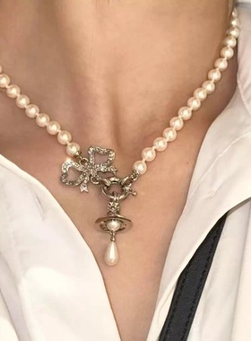 Willa｜25春夏新款蝴蝶结水滴珍珠飞碟orb土星项链气质星球锁骨链