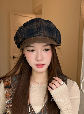 复古格纹八角帽子女新款时尚百搭显脸小报童帽秋冬防寒保暖贝雷帽