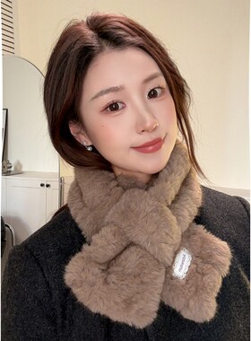 白色柔软毛绒短款围巾女秋冬季韩版贴标日系防寒保暖围脖加厚交叉