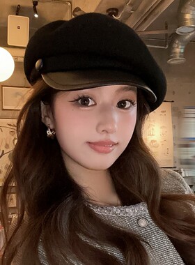 白色毛呢贝雷帽女秋冬新款显脸小羊毛混纺八角帽纯色百搭报童帽子