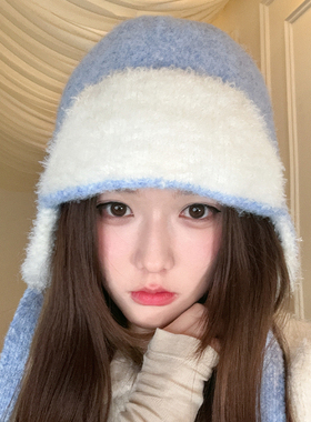 毛绒针织帽女秋冬大头围保暖防寒雷锋帽百搭护耳显脸小毛线飞行帽