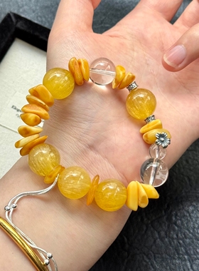 天然蜜蜡手串拉丝黄萤石白水晶招财转运手链送女友闺蜜生日礼物