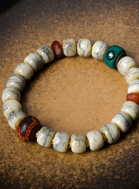 文玩手串藏饰藏风骨头炸裂纹桶珠手链度母天珠料器民族风男女礼物