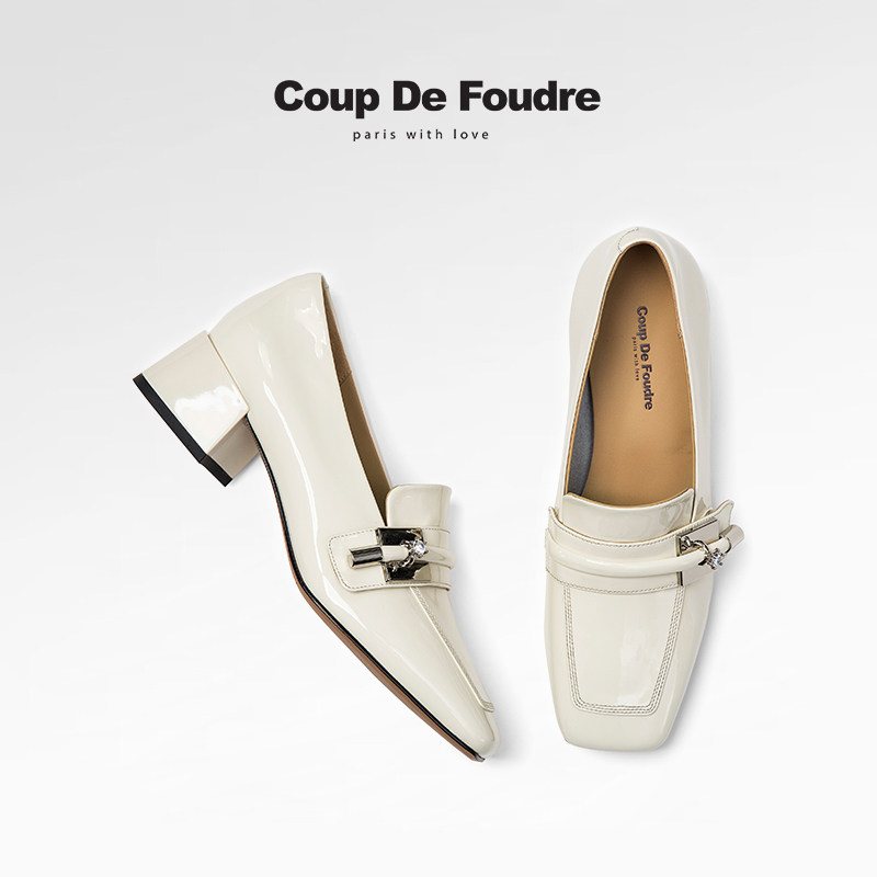 CDF女鞋轻奢秋季新款百搭真皮漆皮粗跟中跟单鞋方头小皮鞋乐福鞋,淘宝优惠券,粉丝福利购,淘宝优惠卷