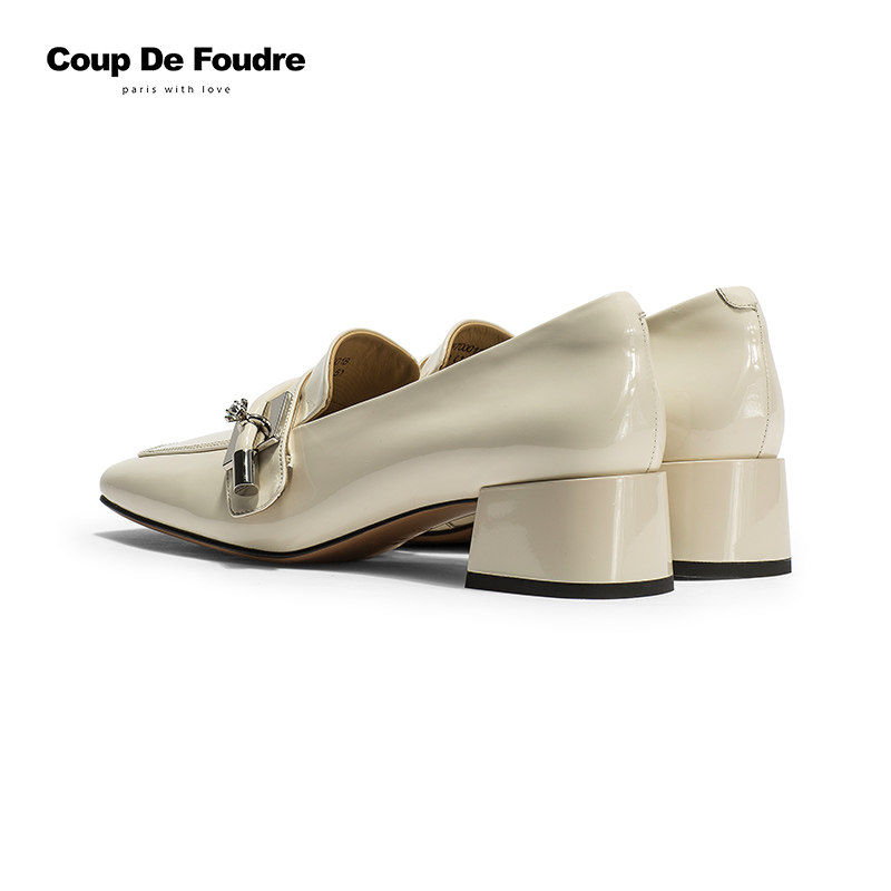 CDF女鞋轻奢秋季新款百搭真皮漆皮粗跟中跟单鞋方头小皮鞋乐福鞋,淘宝优惠券,粉丝福利购,淘宝优惠卷
