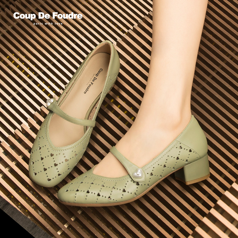 CDF女鞋轻奢秋季法式粗跟玛丽珍鞋圆头中跟浅口百搭真皮镂空单鞋 - 图3