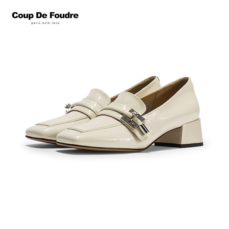 CDF女鞋轻奢秋季新款百搭真皮漆皮粗跟中跟单鞋方头小皮鞋乐福鞋,淘宝优惠券,粉丝福利购,淘宝优惠卷