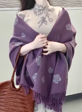 秋冬保暖山茶花红色披肩女