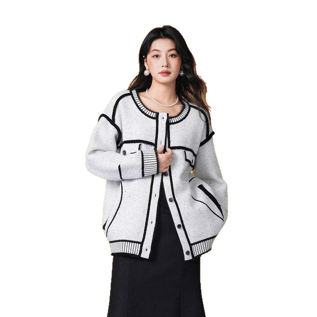黑白拼接解构小香风针织外套女高级设计感小众圆领宽松秋冬季新款,淘宝优惠券,粉丝福利购,淘宝优惠卷