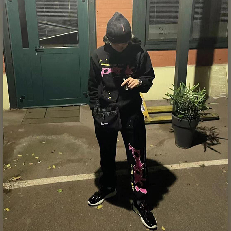 Young Thug 明星同款 Sp5der 555555 Pink Hoodie 长裤卫衣套装 - 图0