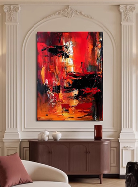 现代手绘油画《赤境之光》高级感艺术画红黑色大挂画客厅装饰画