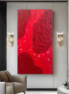 原创手绘油画《石运》玄挂油画走廊红色沙发抽象肌理装饰画高级画