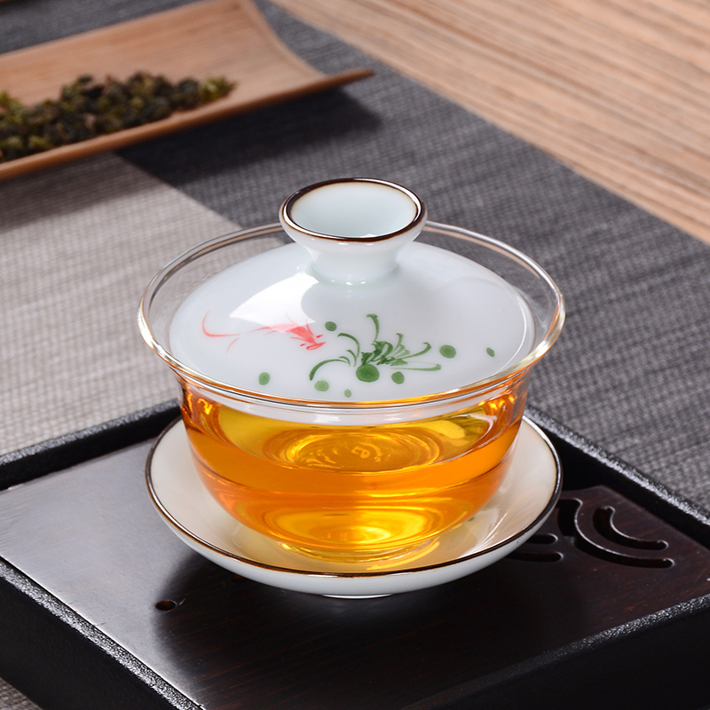 绿茶陶瓷手绘盖碗 耐热玻璃三才碗功夫茶具茶碗敬茶杯茶道泡茶器