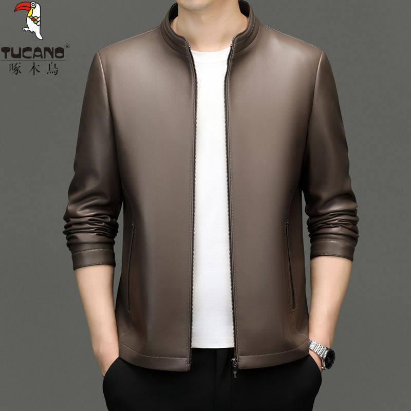 啄木鸟海宁新款真皮皮衣翻领山羊皮男秋冬休闲皮夹克加绒加厚外套,淘宝优惠券,粉丝福利购,淘宝优惠卷