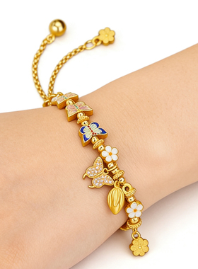 S925纯银烧蓝蝴蝶新款繁花蝶语手链女银镀金古法珐琅樱花蝴蝶