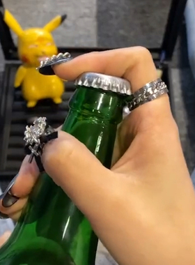 网红开神器戒指链条情侣钛钢啤酒