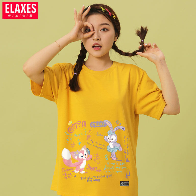 星黛露联名玲娜贝儿短袖T恤女卡通涂鸦设计感小众纯棉姐妹闺蜜装
