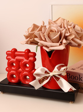 创意红色喜字陶瓷花瓶摆件