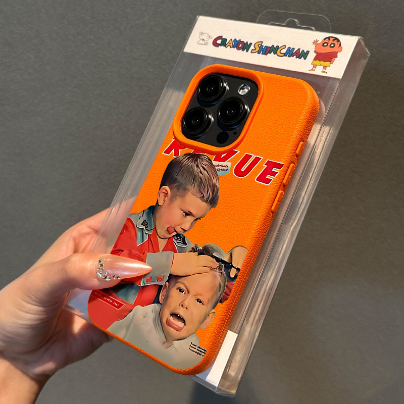 搞怪剪头发男孩适用苹果15promax手机壳iPhone14新款荔枝纹13趣味小众12个性皮质软15Pro防摔14pro保护套女男