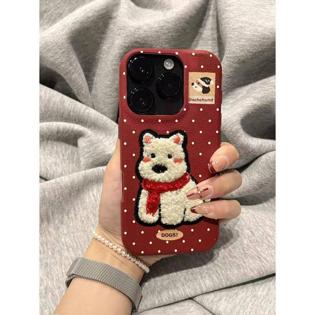 刺绣围巾小狗适用苹果17promax手机壳新款iPhone16pro卡通14华为p70保护套12可爱13小米15潮vivox200荣耀oppo