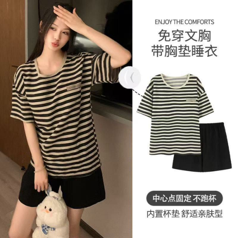 真维斯户外运动带胸垫睡衣夏短袖云朵棉卡通女孩家居服两件套外穿