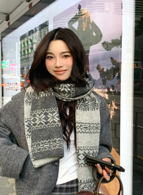 韩系复古经典雪花羊毛灰色围巾