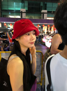 韩系小众设计红色蝴蝶结渔夫帽