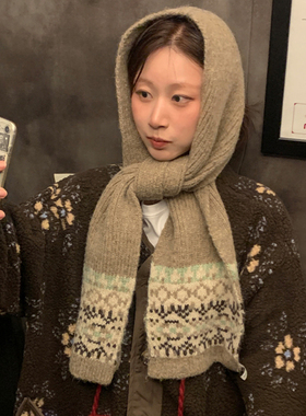 费尔岛提花复古红色针织围巾女含羊毛秋冬加厚保暖百搭情侣围脖韩
