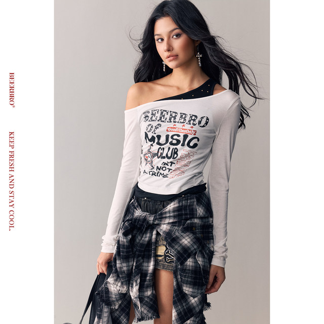 BeerBro retro sound sweet mix spring lyocell fake two-piece long-sleeved off-shoulder splicing T-shirt
