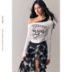 BeerBro retro sound sweet mix spring lyocell fake two-piece long-sleeved off-shoulder splicing T-shirt