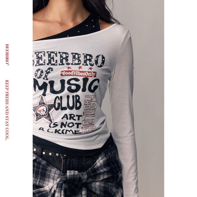 BeerBro retro sound sweet mix spring lyocell fake two-piece long-sleeved off-shoulder splicing T-shirt