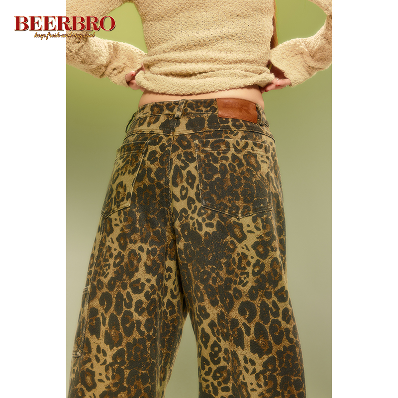【立减20】BeerBro美式高街豹纹休闲裤女低腰宽松直筒阔腿长裤 - 图2