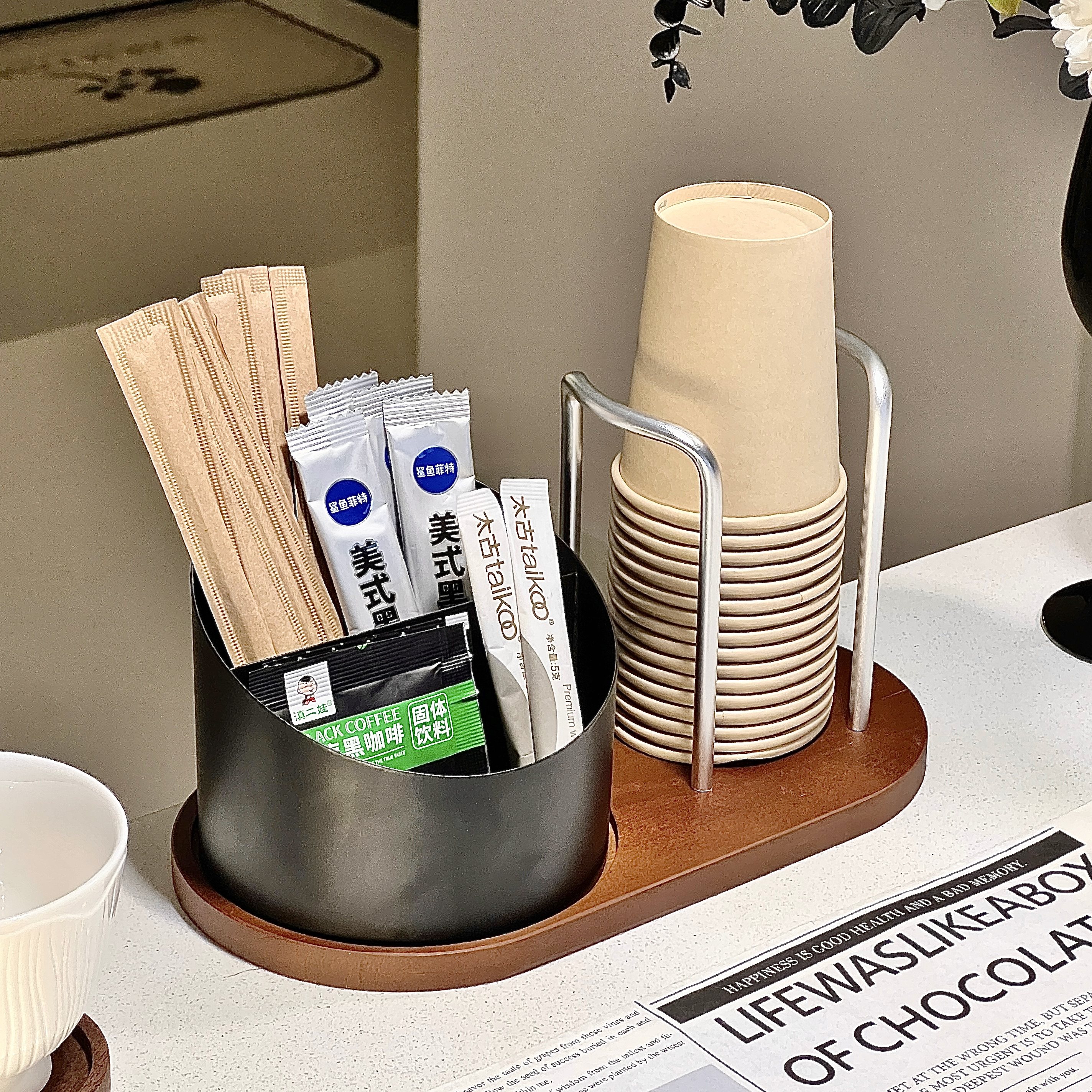 多功能一次性杯子置物架纸杯取杯器咖啡胶囊吸管收纳盒中古原木风,淘宝优惠券,粉丝福利购,淘宝优惠卷