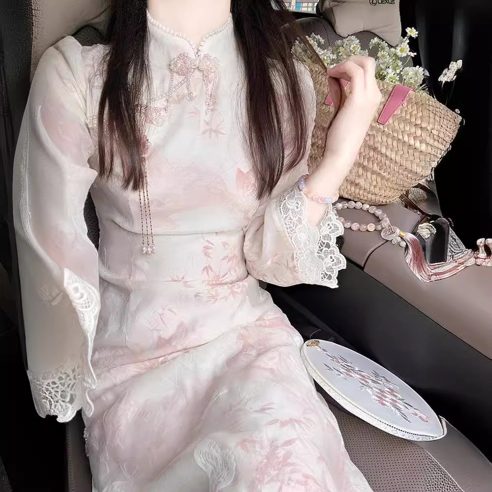 新中式国风粉色连衣裙女夏季2024新款旗袍改良年轻款少女气质长裙