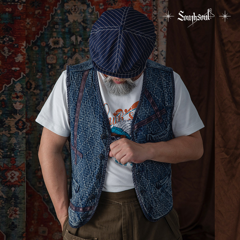 李现同款去有风的地方重磅刺子马甲蓝染单排扣水洗做旧southsoul,淘宝优惠券,粉丝福利购,淘宝优惠卷