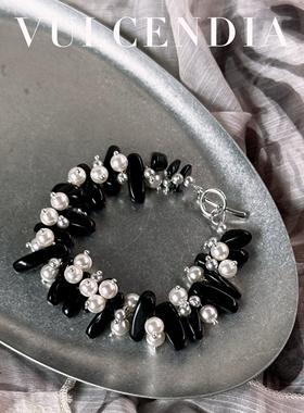 原创设计小众珍珠手链天然石黑白色系极繁主义高级感ins风串珠女