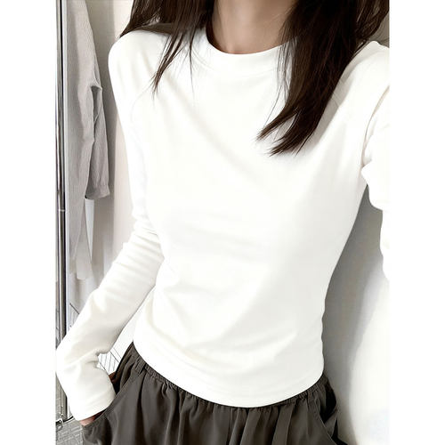 正肩圆领纯色长袖T恤女春秋内搭基础款打底衫修身显瘦百搭上衣服 - 图2