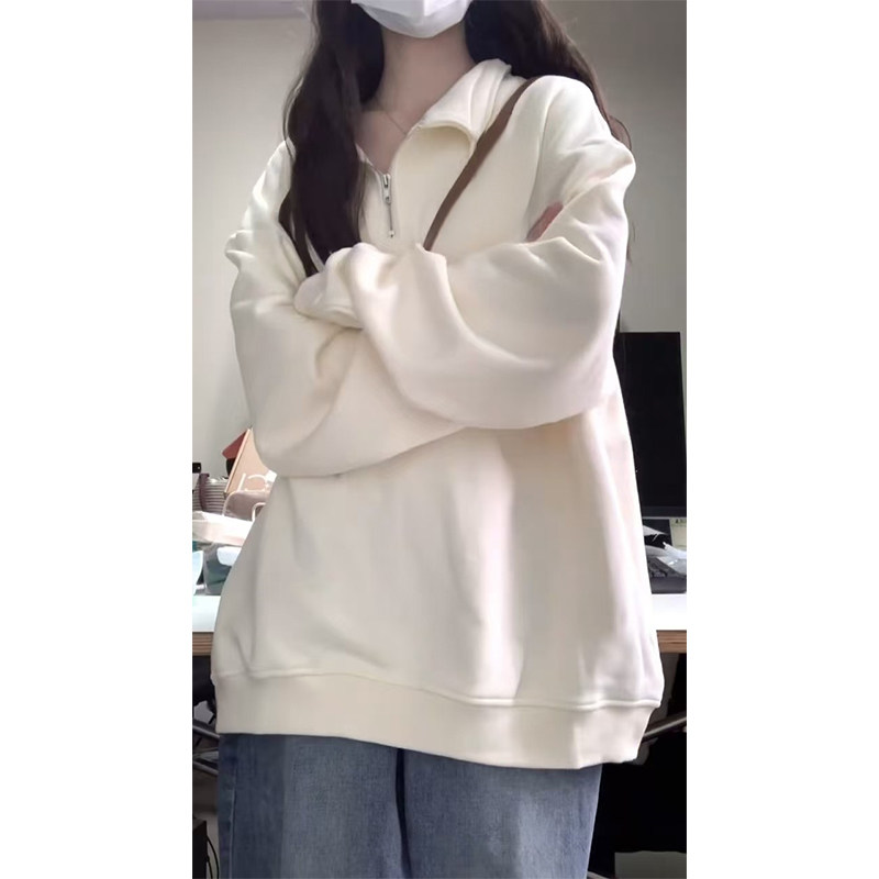 美式街头加绒加厚POLO领无帽卫衣女秋冬oversize外套chic慵懒上衣,淘宝优惠券,粉丝福利购,淘宝优惠卷